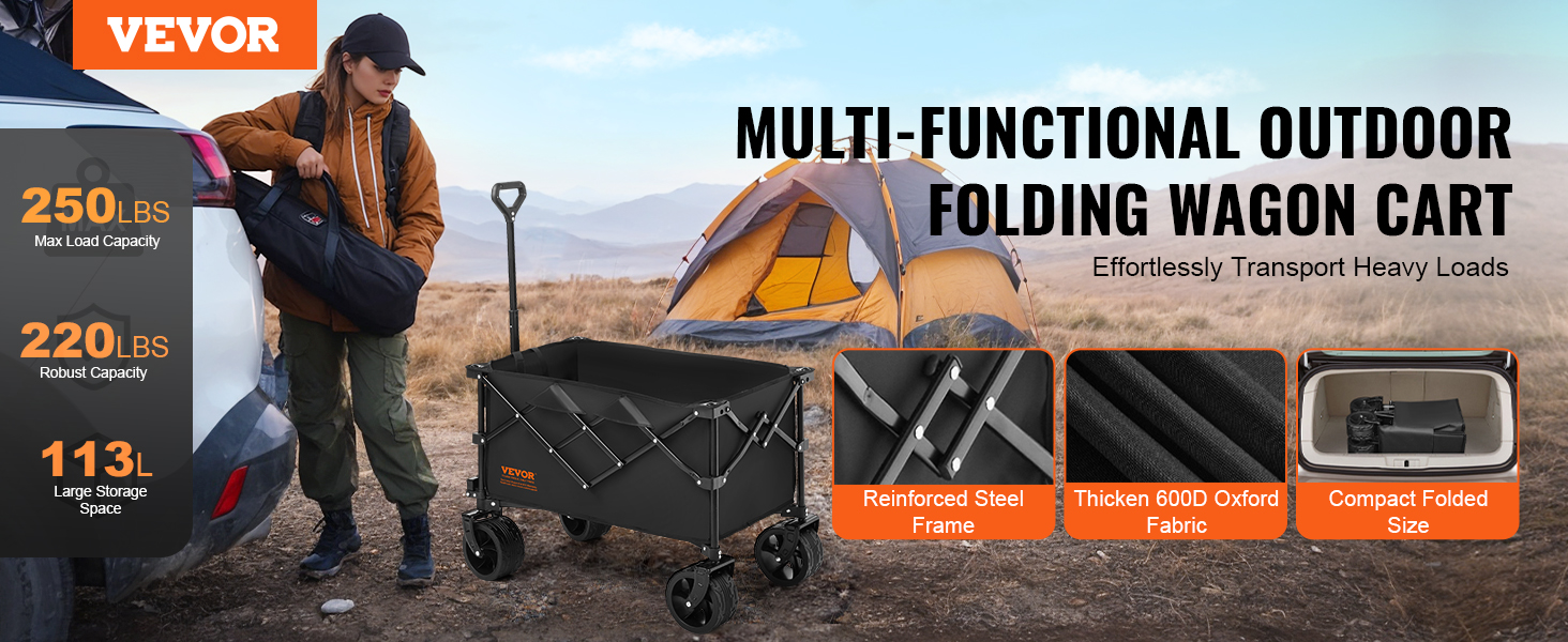 VEVOR folding wagon in a camping scene with a tent, showcasing 250 lbs load capacity and compact storage.