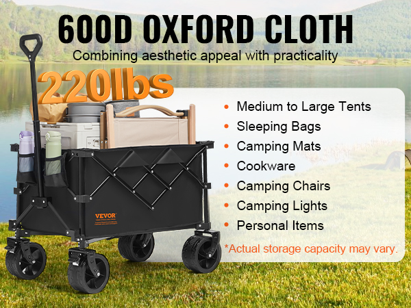 VEVOR folding wagon holds up to 220lbs, featuring 600d oxford cloth, 113l storage for camping gear.