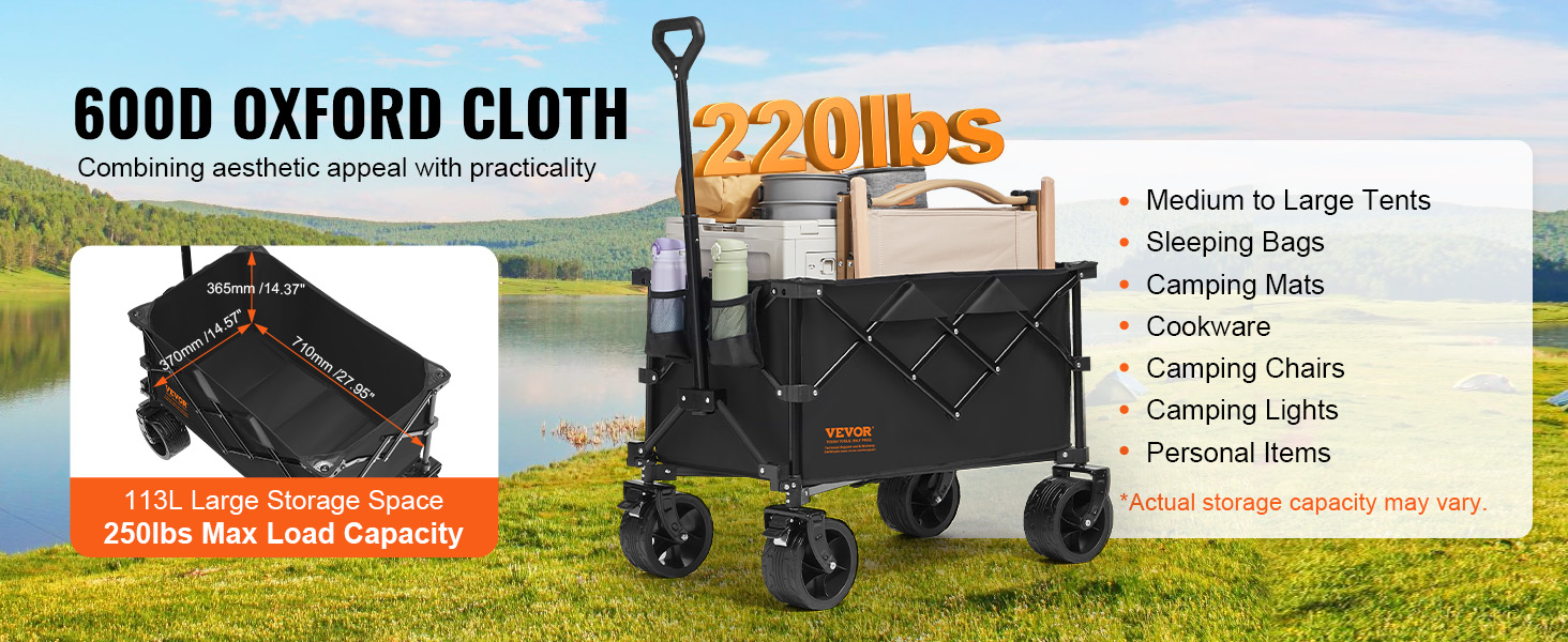 VEVOR folding wagon holds up to 220lbs, featuring 600d oxford cloth, 113l storage for camping gear.