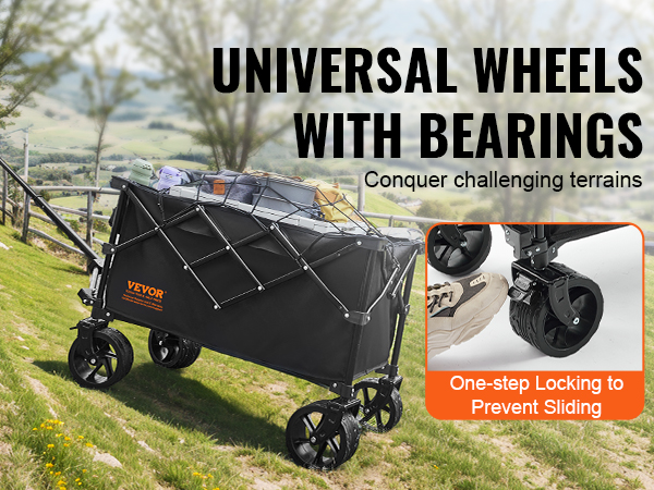 person pulling VEVOR folding wagon with universal wheels, gear loaded, on hilly terrain; one-step lock.