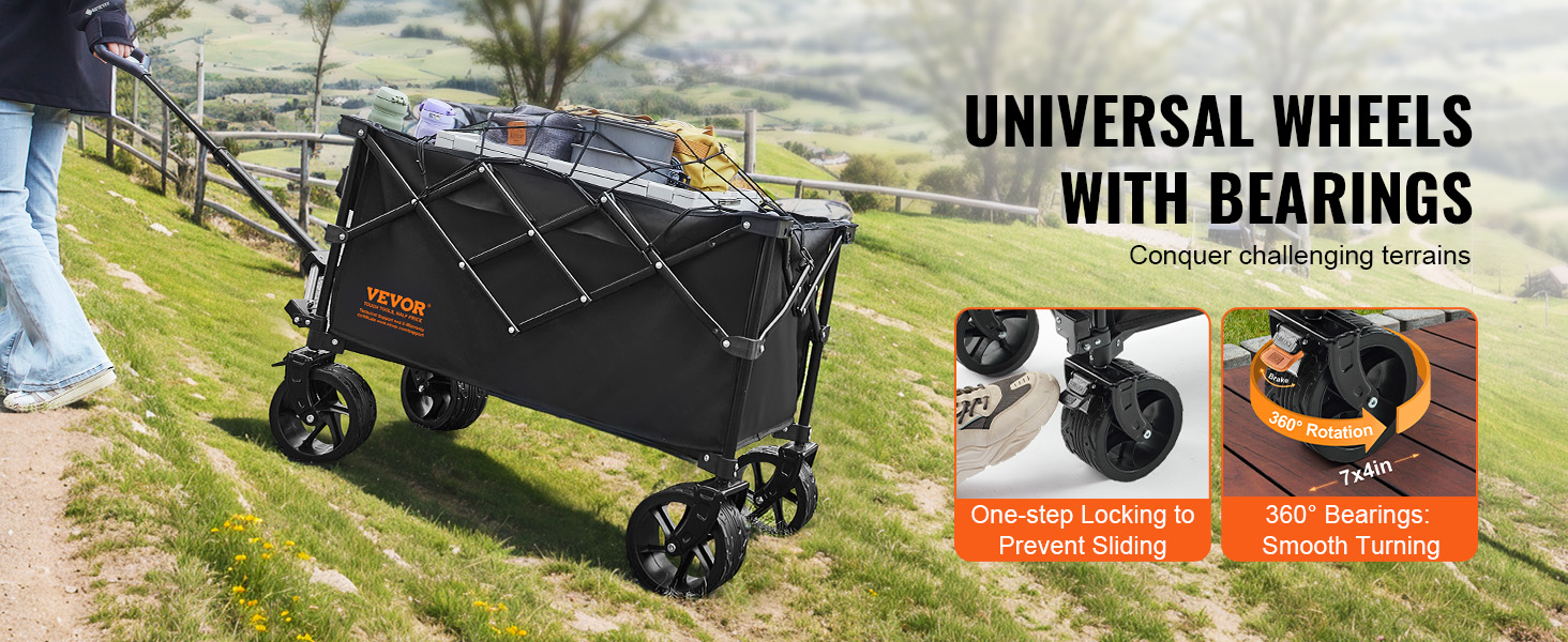 person pulling VEVOR folding wagon with universal wheels, gear loaded, on hilly terrain; one-step lock.