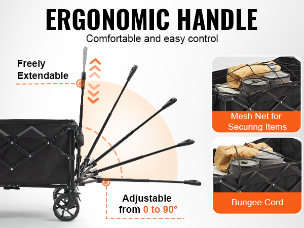 VEVOR folding wagon with ergonomic handle, adjustable extendable design, mesh net, and bungee cord.