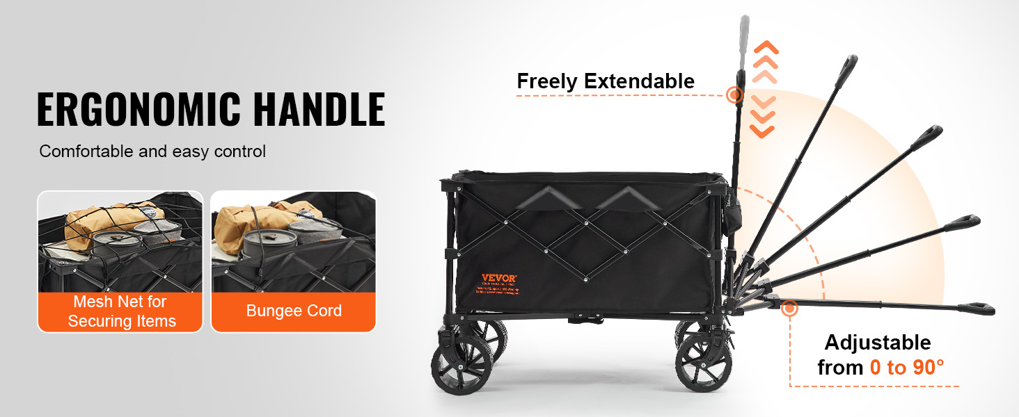 VEVOR folding wagon with ergonomic handle, adjustable extendable design, mesh net, and bungee cord.