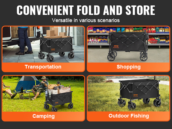 VEVOR folding wagon used for transportation, shopping, camping, and outdoor fishing.