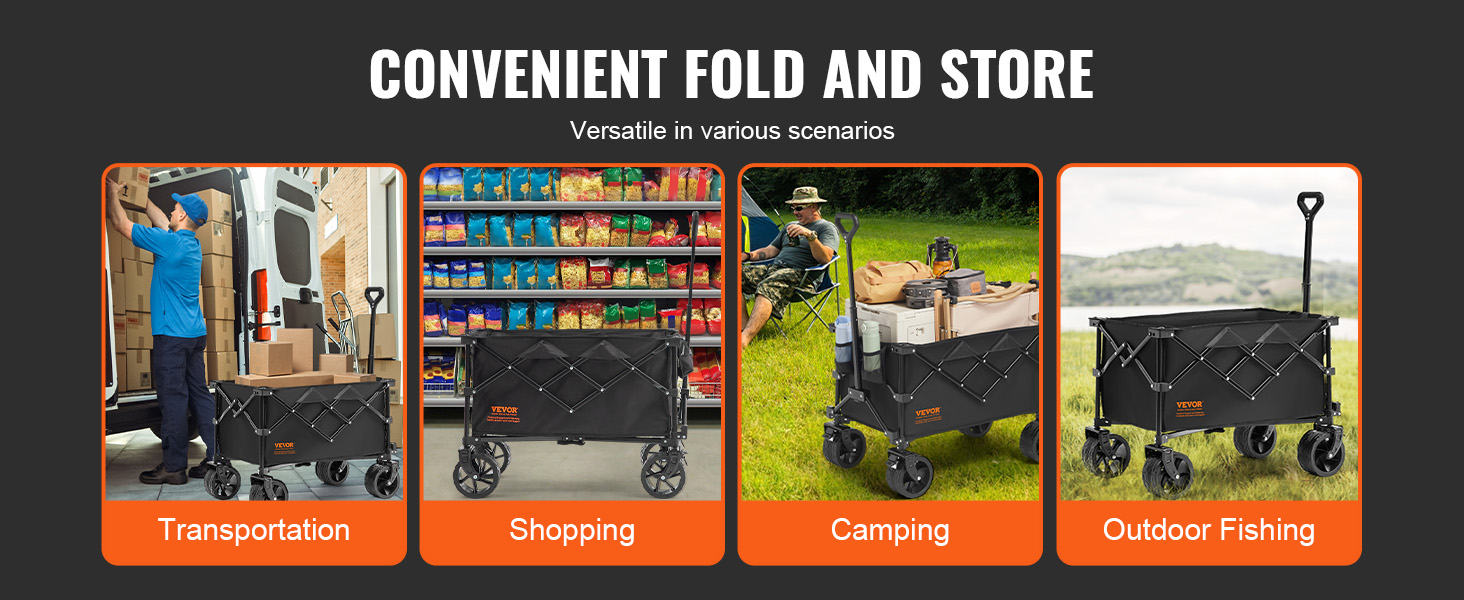 VEVOR folding wagon used for transportation, shopping, camping, and outdoor fishing.