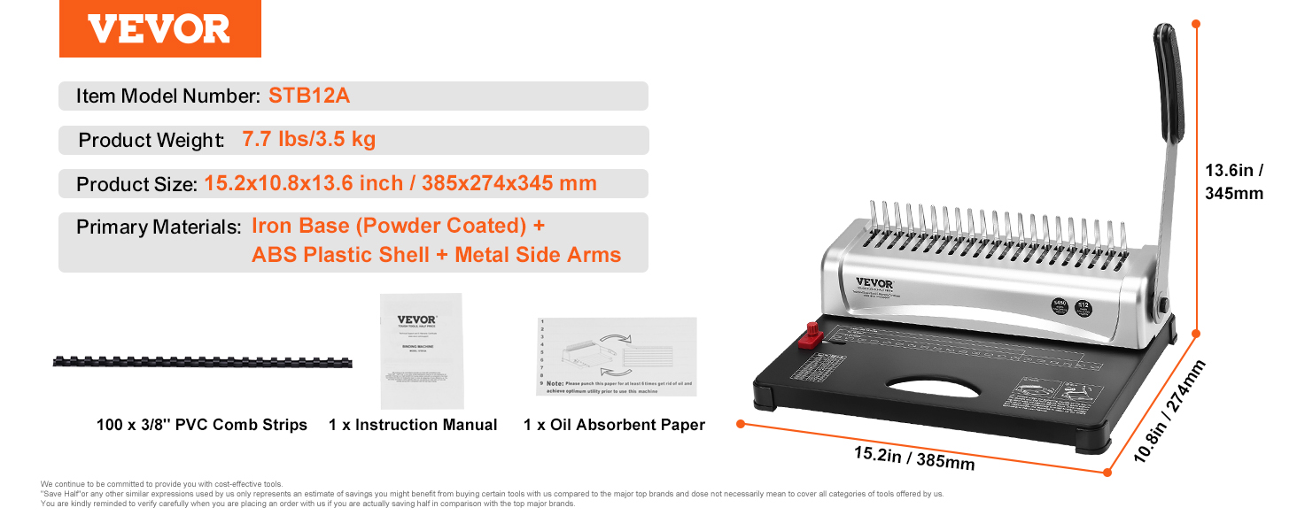 VEVOR binding machine stb12a with iron base, abs plastic shell, 15.2x10.8x13.6 inches. includes 100 pvc comb strips.