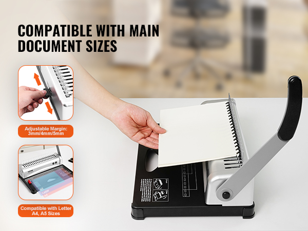 VEVOR binding machine for a4, a5, letter sizes with adjustable margin settings 3mm/4mm/5mm.