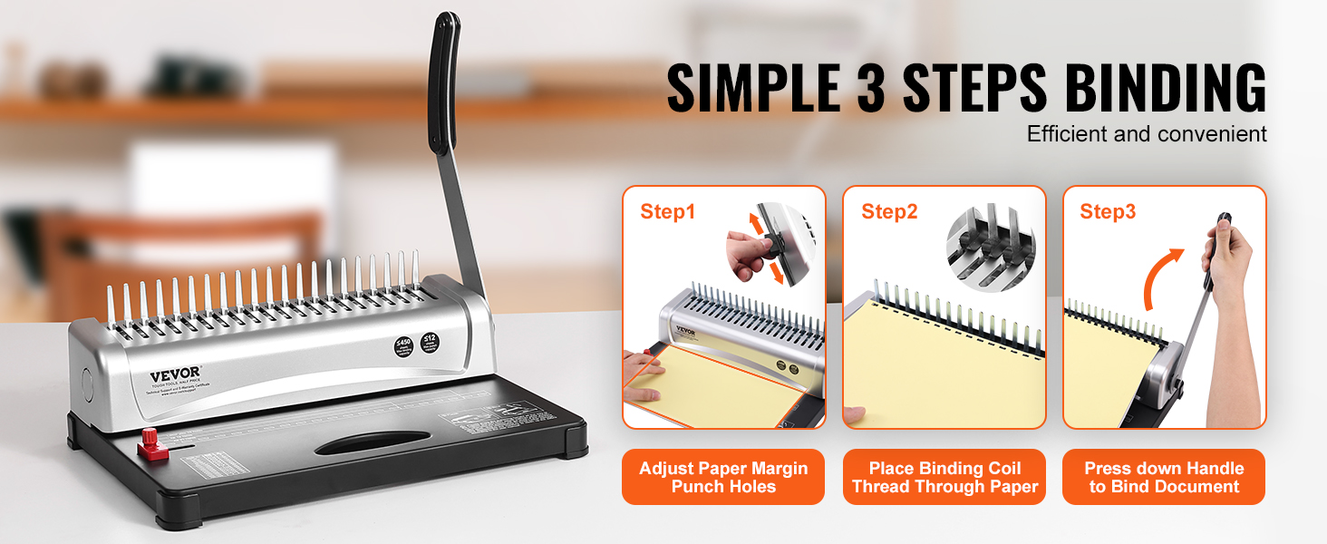 VEVOR binding machine in use, showing three easy steps to bind documents efficiently and conveniently.