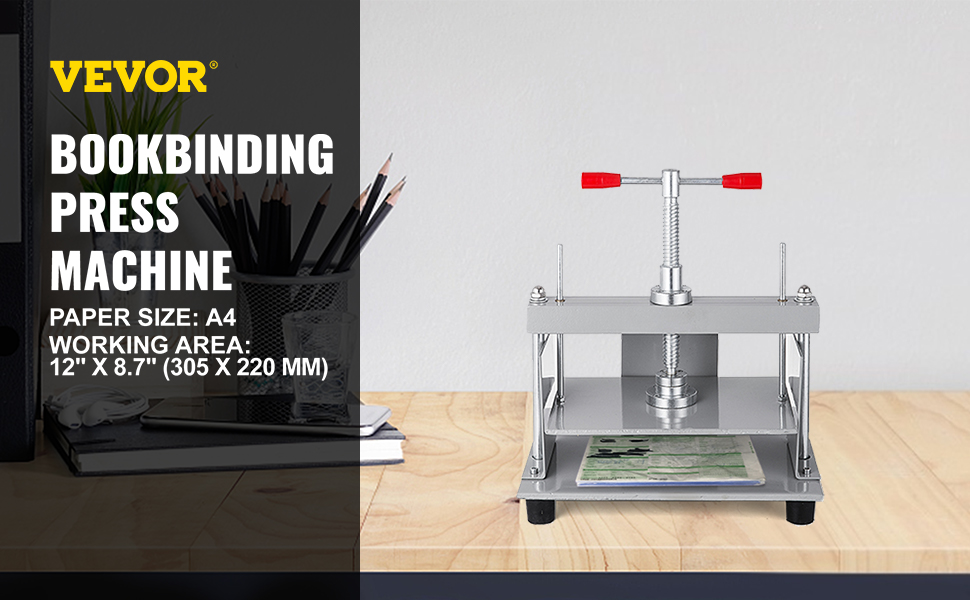 VEVOR paper press machine on wooden table with books, pencils, and white wall backdrop.