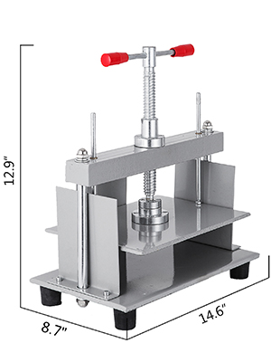 VEVOR paper press machine with red handles and measurements: 12.9" x 8.7" x 14.6".