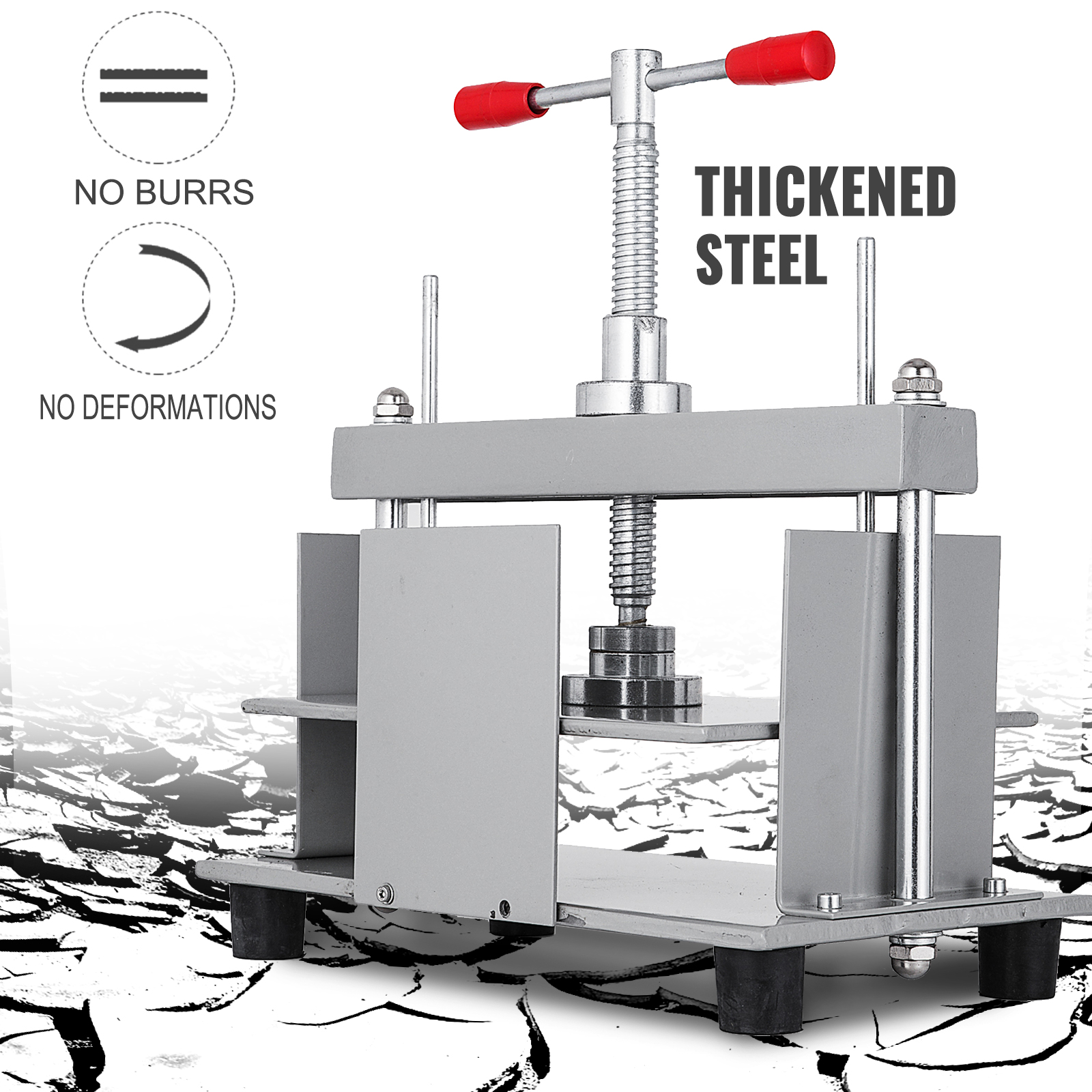 VEVOR paper press machine with thickened steel, no burrs, and no deformations, red handles visible.