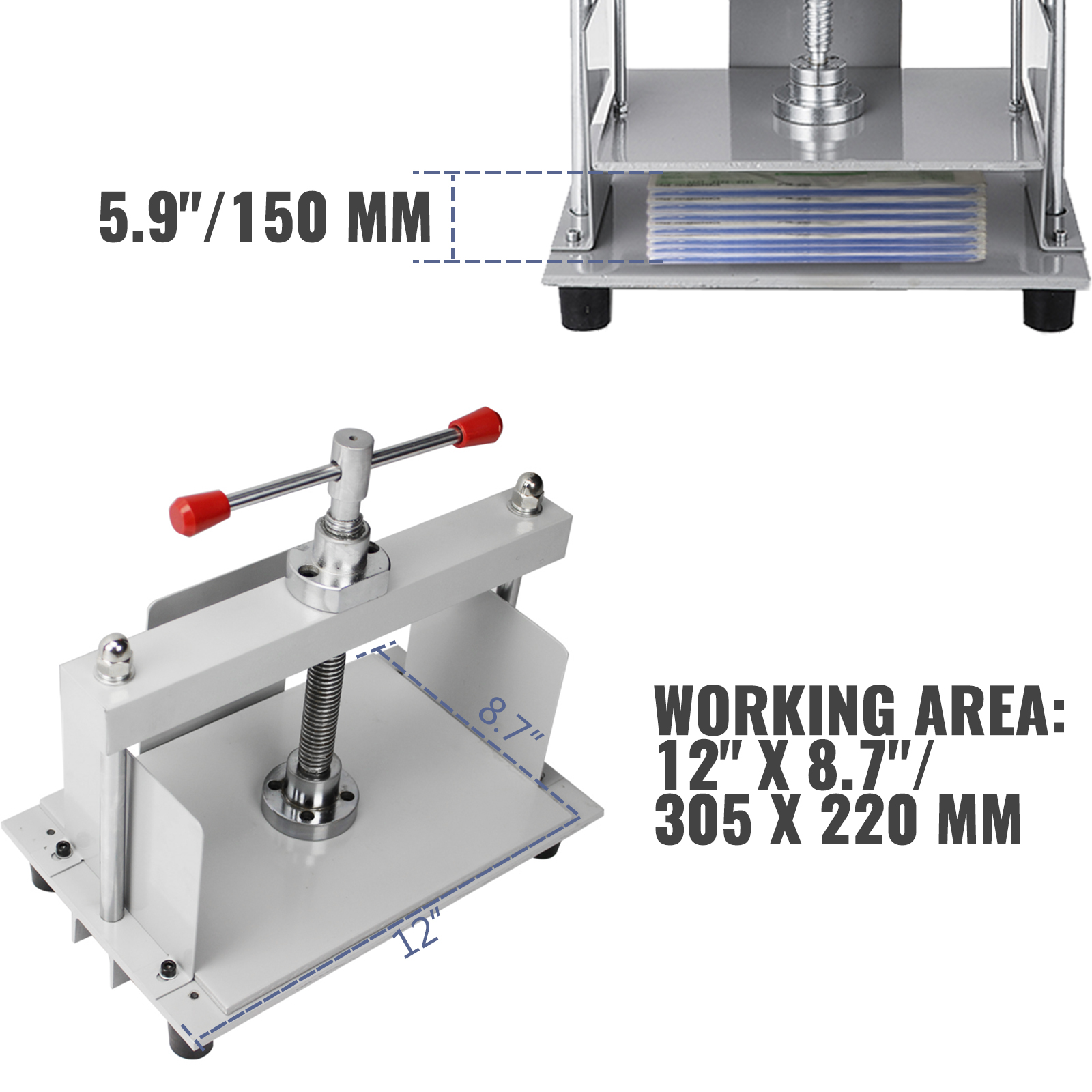 VEVOR paper press machine showing 5.9-inch height and 12" x 8.7" working area dimensions.