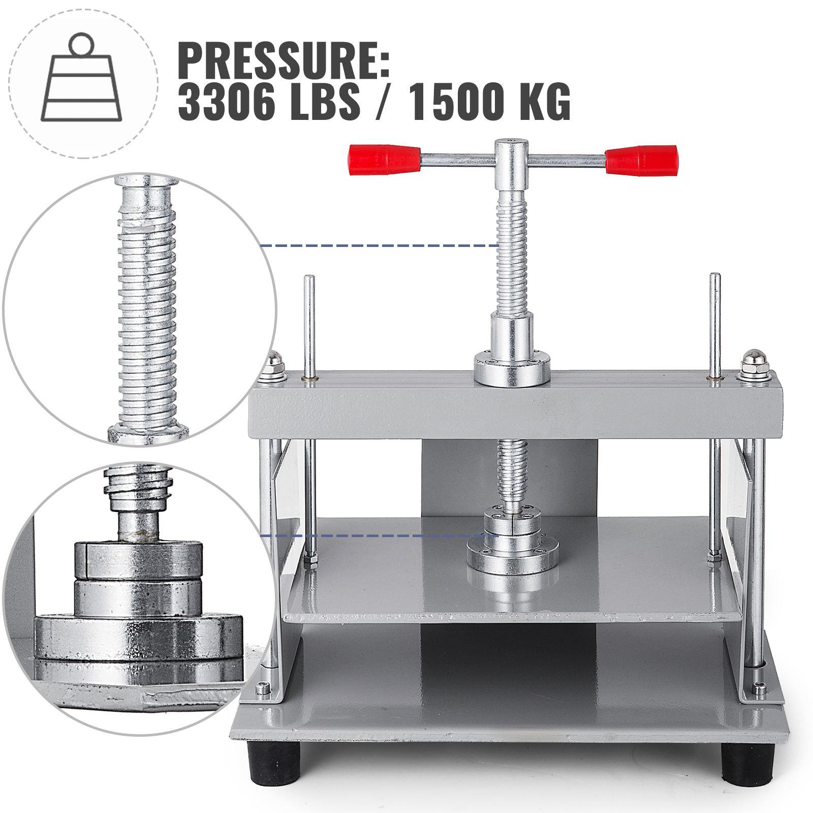 VEVOR paper press machine with 3306 lbs (1500 kg) pressure, red handles, and sturdy threaded shaft.