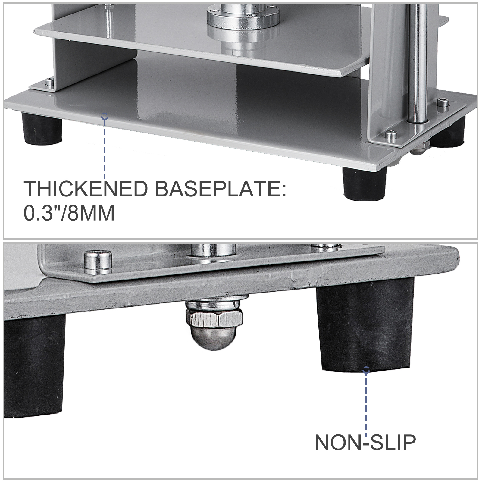 VEVOR paper press machine close-up showing thickened baseplate and non-slip feet.