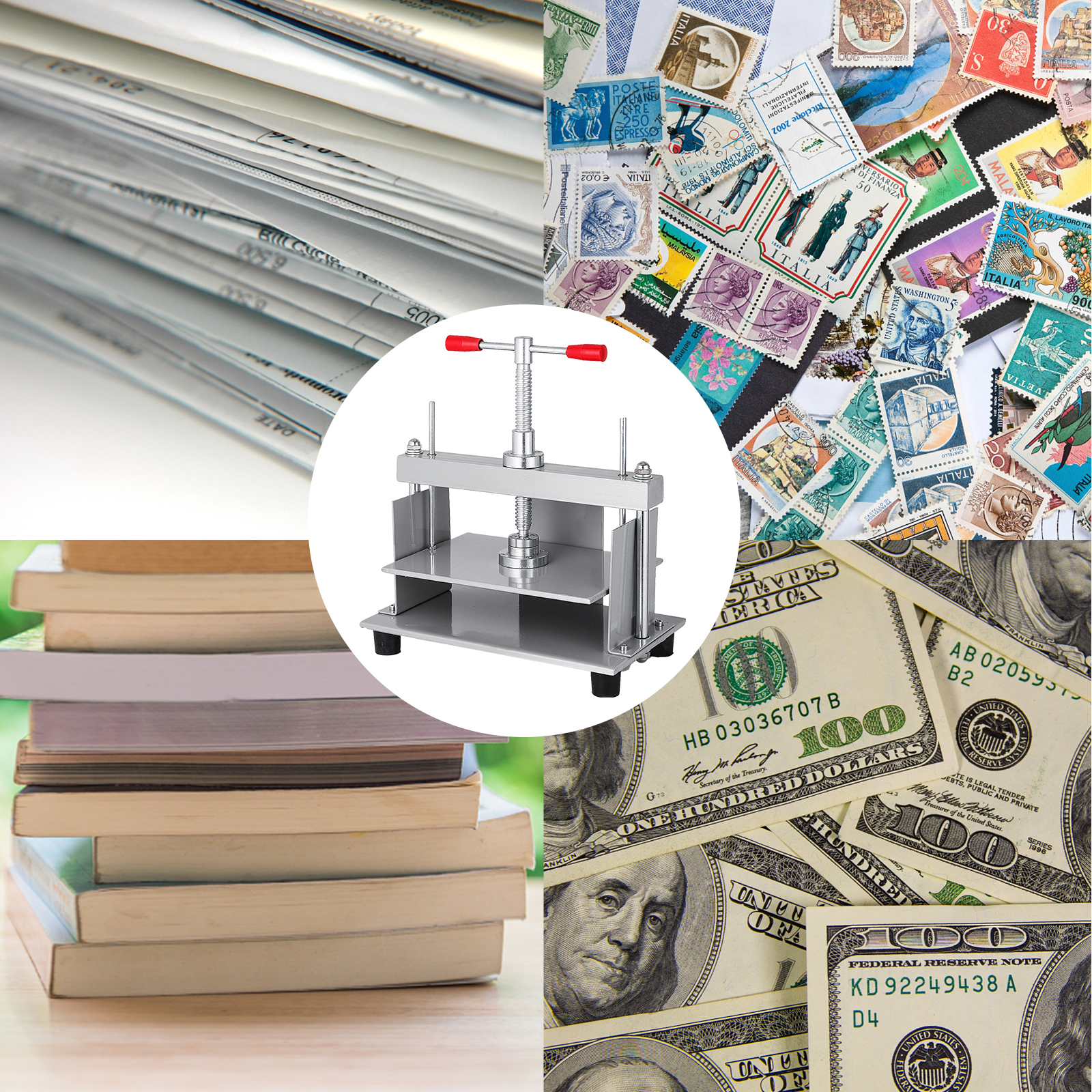 VEVOR paper press machine with stacks of newspapers, books, postage stamps, and us dollar bills.
