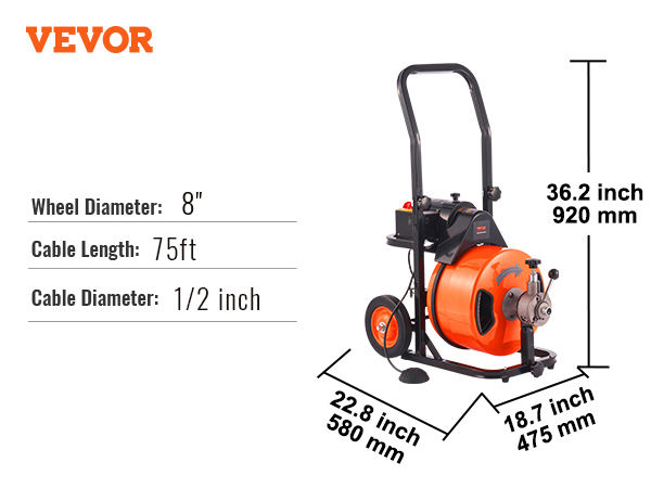 VEVOR drain cleaning machine with 8" wheel, 75ft cable length, and 1/2 inch cable diameter, dimensions shown.