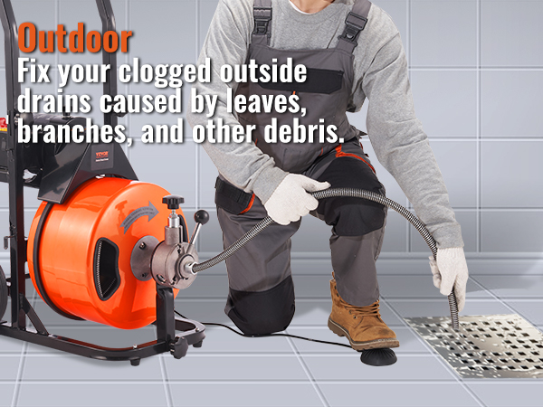 technician using VEVOR drain cleaning machine to unclog an outdoor drain, addressing debris issues.