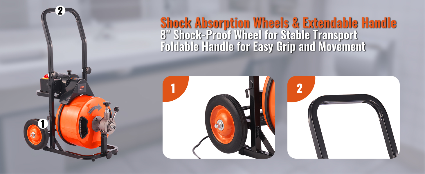 VEVOR drain cleaning machine with shock-proof wheels and foldable handle for easy transport and use.