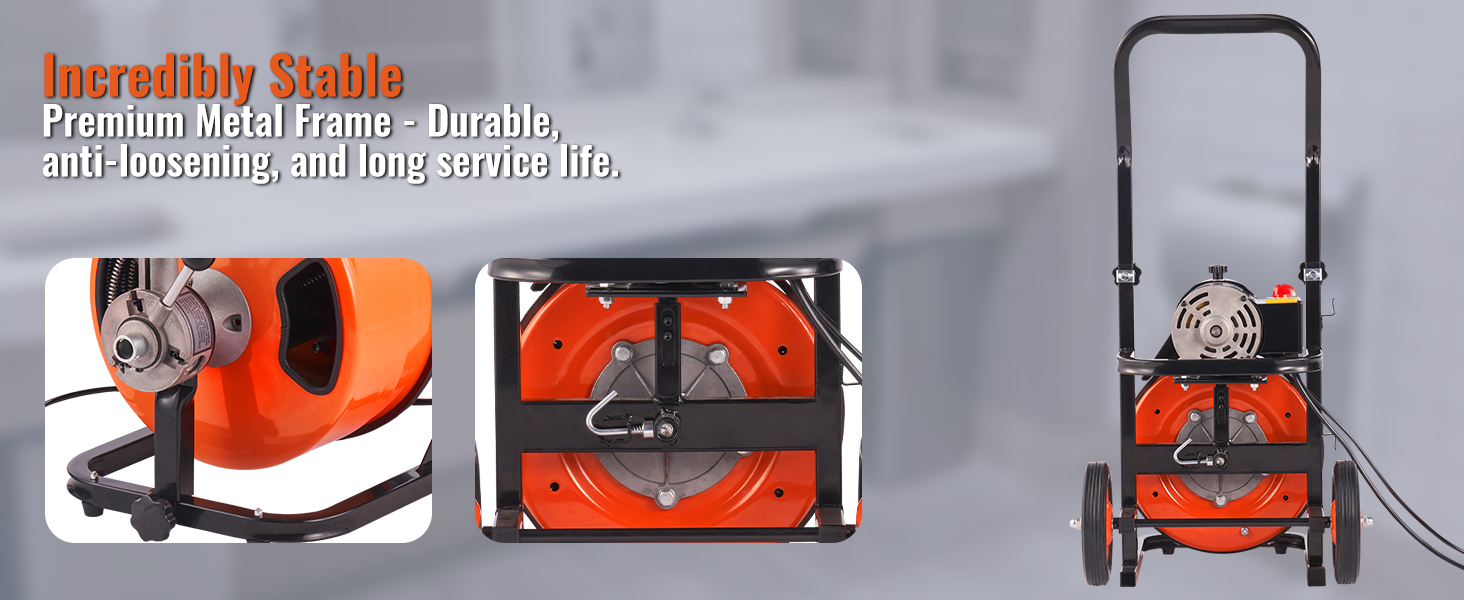 VEVOR drain cleaning machine with durable, anti-loosening premium metal frame for long service life.