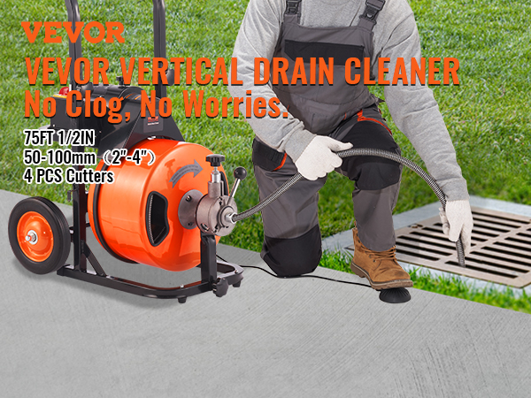 VEVOR drain cleaning machine in use next to a drain on a lawn, with prominent product features.