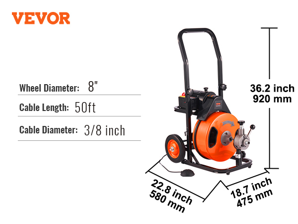 VEVOR drain cleaning machine dimensions and specifications: wheel diameter 8", cable length 50ft, cable diameter 3/8in.