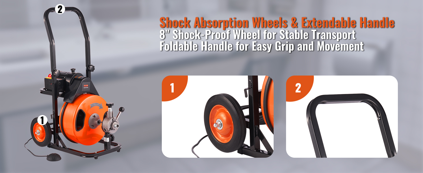 VEVOR drain cleaning machine with shock-proof wheels and foldable handle for easy transport and grip.