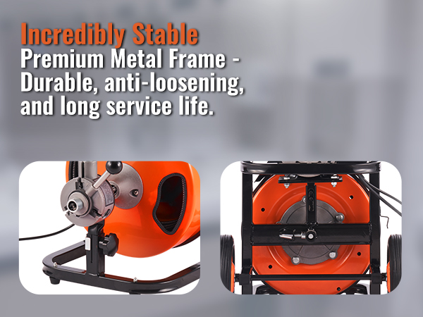 VEVOR drain cleaning machine with a premium metal frame, orange drum, and sturdy wheels for stability.
