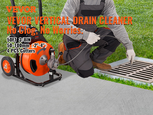 man operating VEVOR drain cleaning machine near outdoor grate with text on specs and features.