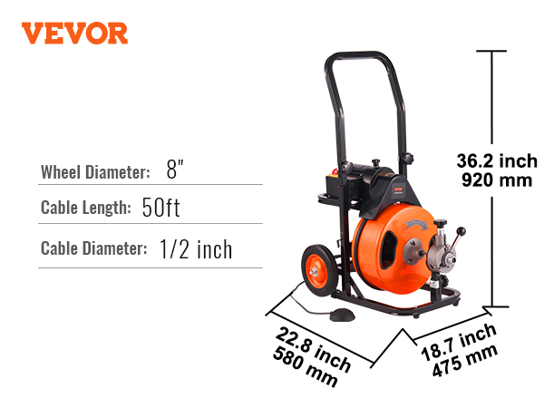VEVOR drain cleaning machine with 50ft cable, 8" wheel, and 1/2in cable diameter, dimensions shown.