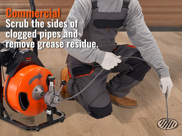 commercial use of VEVOR drain cleaning machine scrubbing clogged pipe in a restaurant setting.