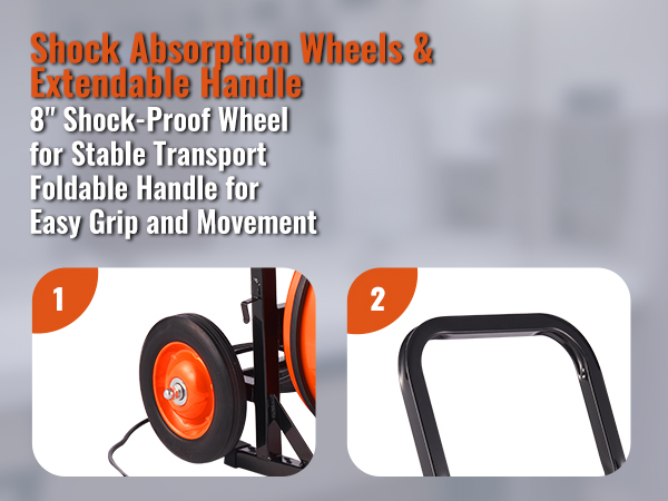 VEVOR drain cleaning machine with shock absorption wheels and extendable handle for easy transport.