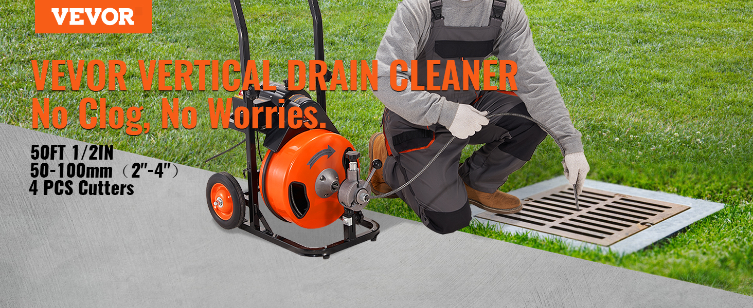 VEVOR drain cleaning machine with 50ft cable and 4 cutters, ideal for 2"-4" pipes, shown in use.