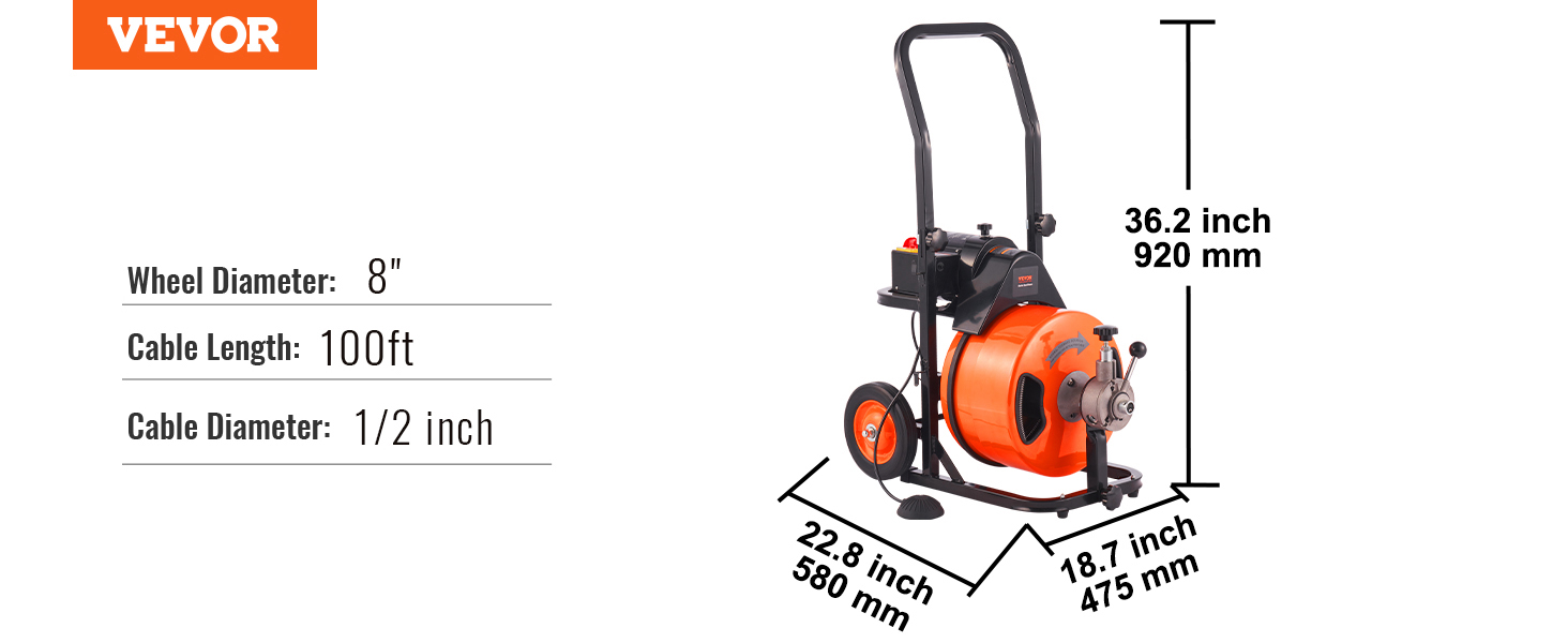 VEVOR drain cleaner machine with 8" wheels, 100ft cable, and 1/2" diameter.