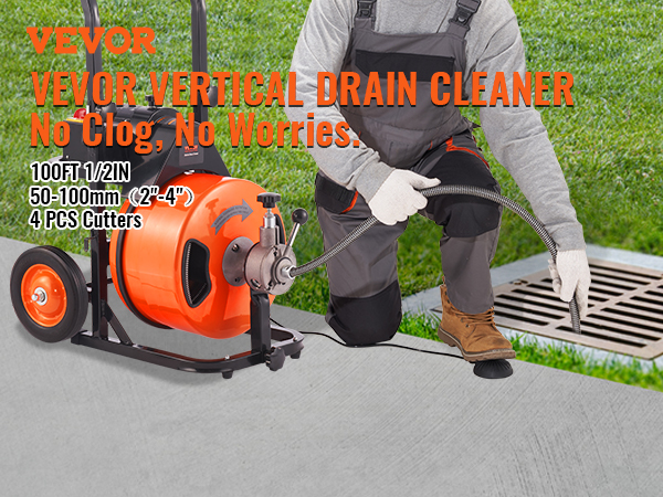 VEVOR drain cleaner machine beside a technician in gloves and overalls clearing a drain on a grassy yard.
