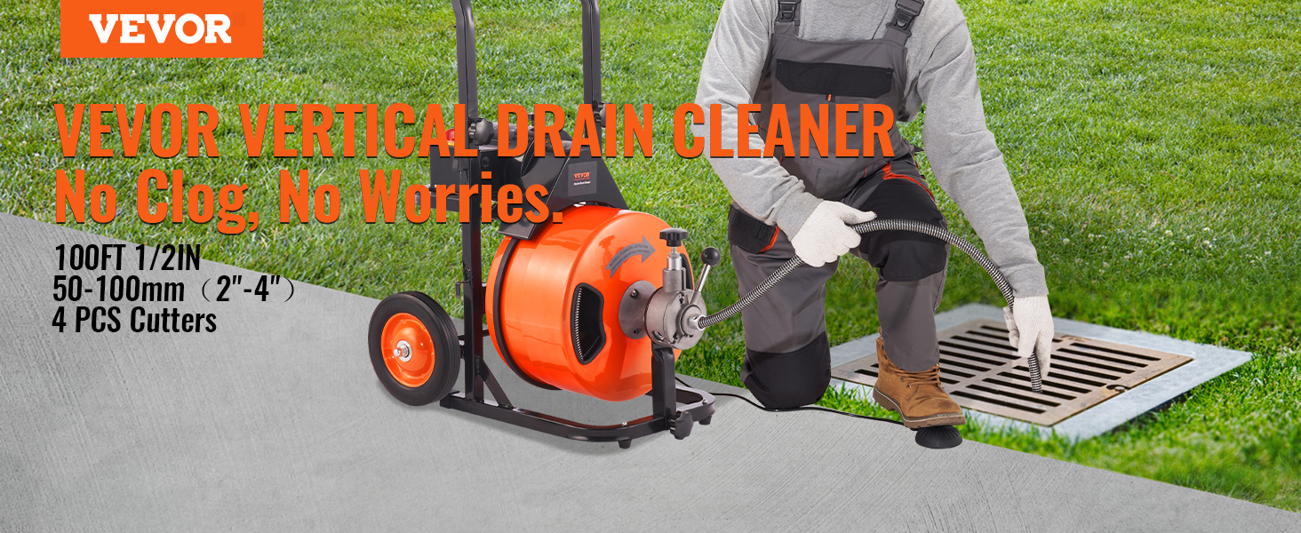 VEVOR drain cleaner machine beside a technician in gloves and overalls clearing a drain on a grassy yard.