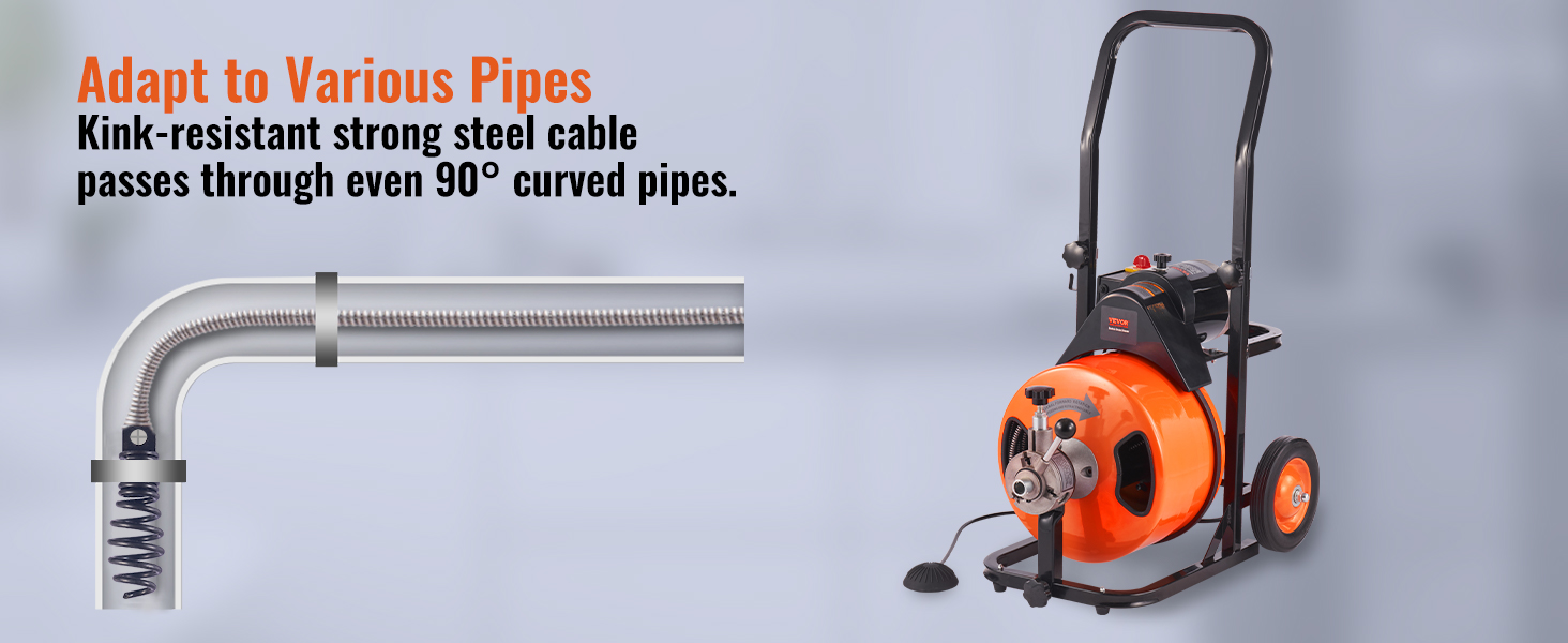 VEVOR drain cleaner machine showcasing strong steel cable navigating a 90° curved pipe.