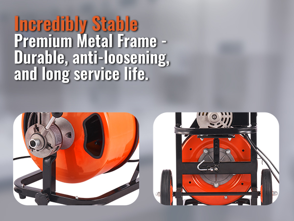 VEVOR drain cleaner machine: durable, stable, and long-lasting with a premium metal frame and orange design.