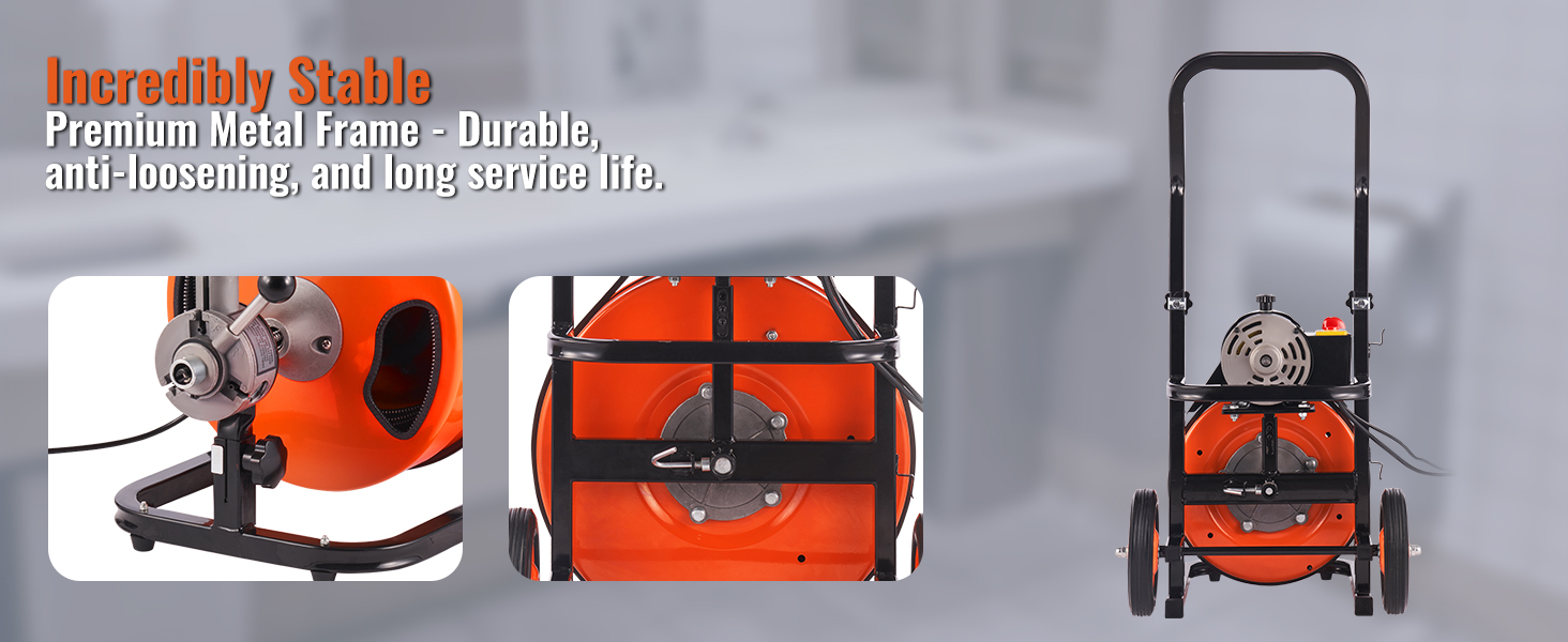 VEVOR drain cleaner machine: durable, stable, and long-lasting with a premium metal frame and orange design.