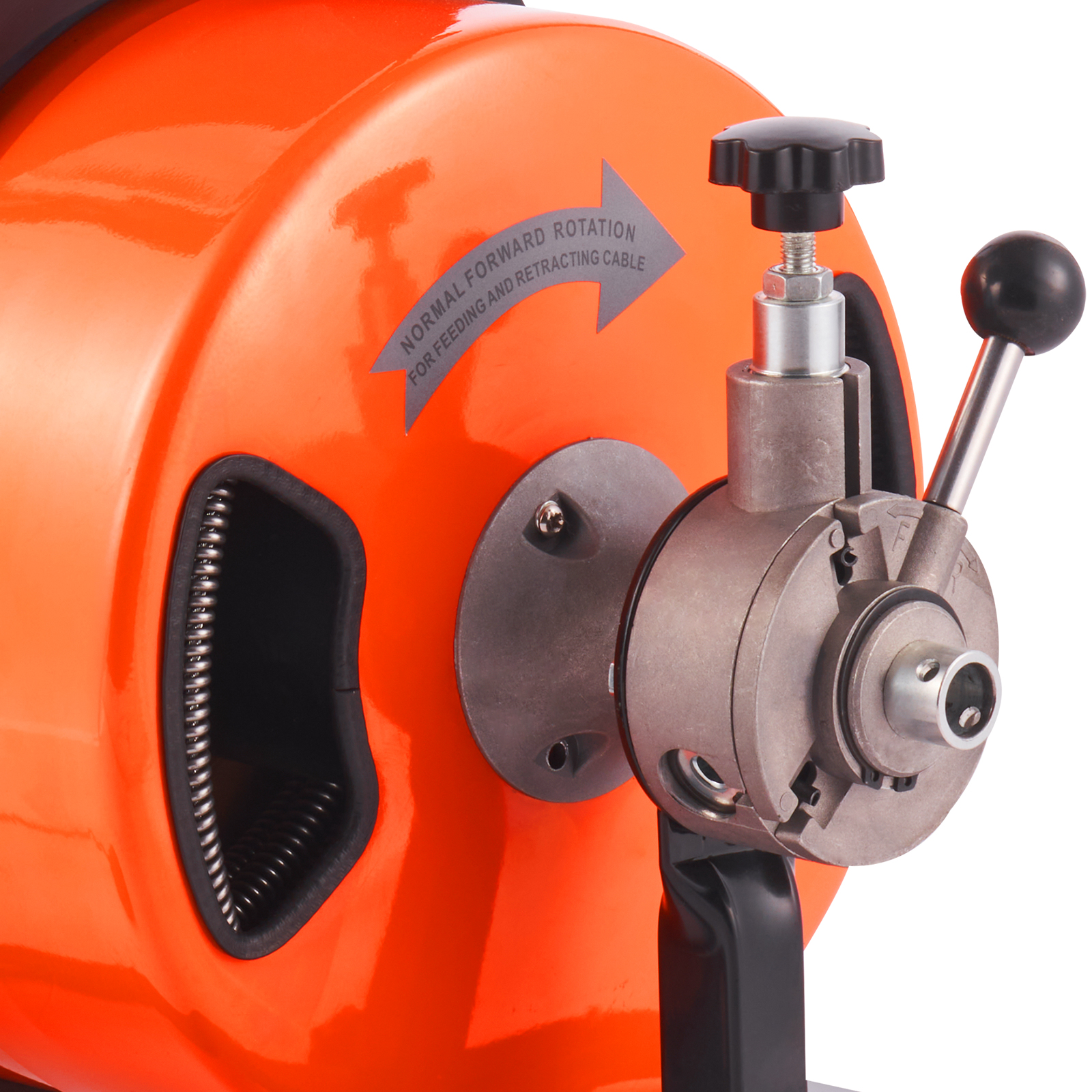 orange VEVOR drain cleaner machine featuring rotating knob and cable feed mechanism.