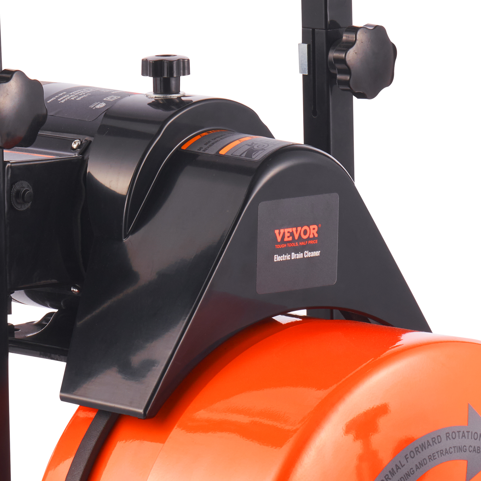 VEVOR drain cleaner machine with black casing and orange reel, featuring control knobs.