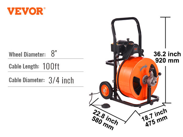 VEVOR drain cleaning machine with 100ft cable, 8" wheel, and 3/4" cable diameter.