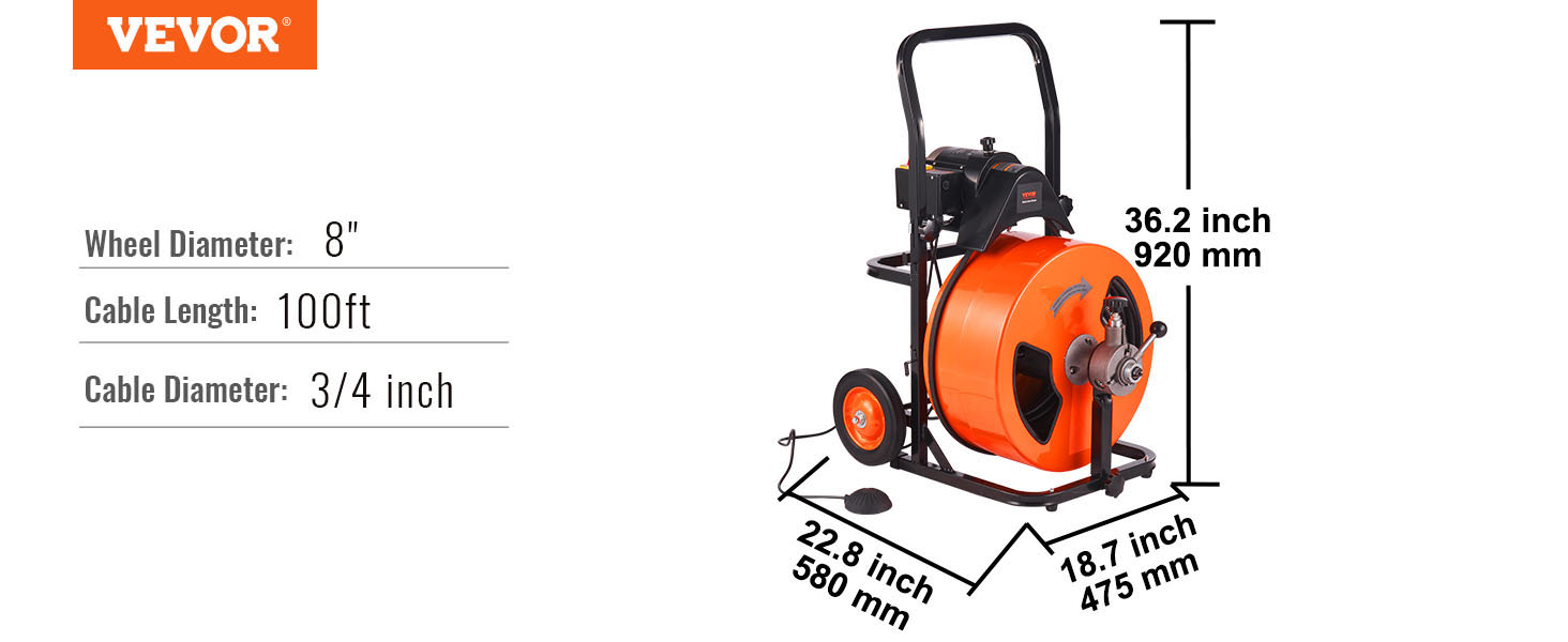 VEVOR drain cleaning machine with 100ft cable, 8" wheel, and 3/4" cable diameter.