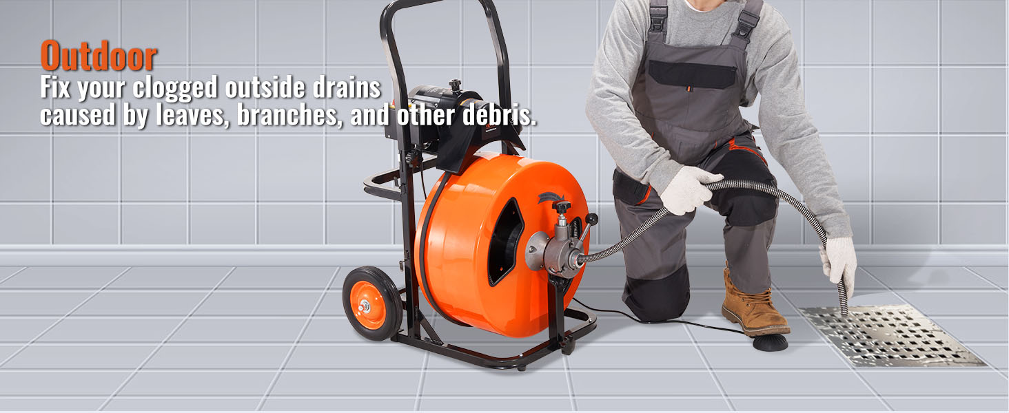 man using VEVOR drain cleaning machine, unclogging outdoor drain in tiled area.