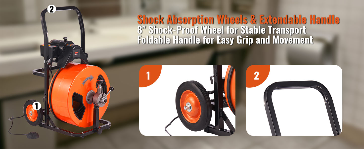 VEVOR drain cleaning machine with shock-proof wheels and foldable handle for steady transport.