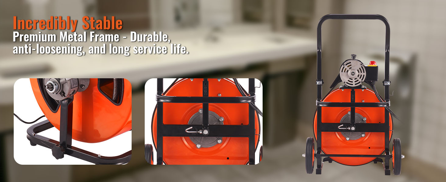 VEVOR drain cleaning machine with orange drum and durable premium metal frame in a bathroom.