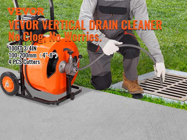 VEVOR drain cleaning machine in use, unclogging a concrete outdoor drain with an orange reel and hose.