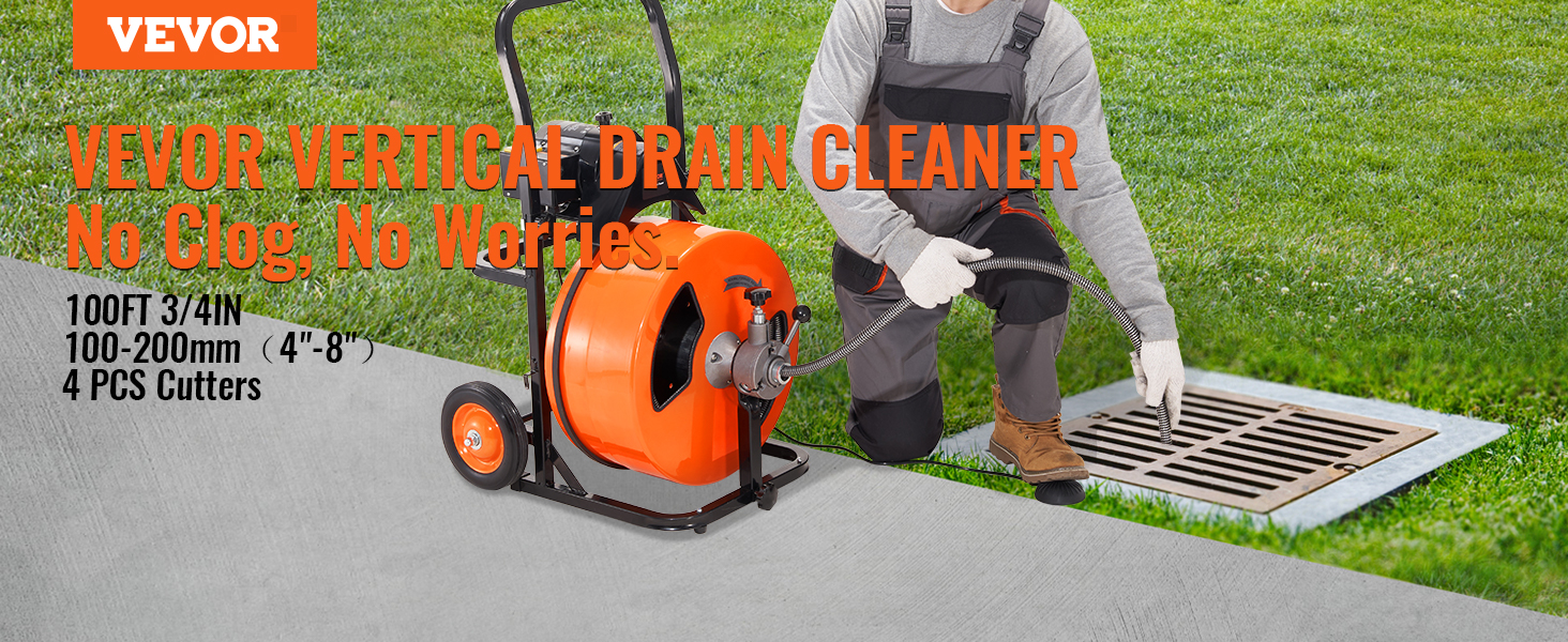 VEVOR drain cleaning machine in use, unclogging a concrete outdoor drain with an orange reel and hose.