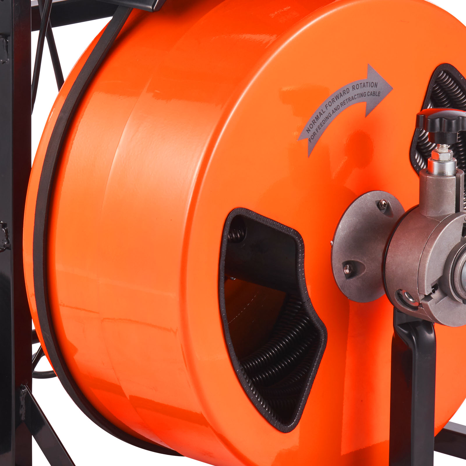 close-up of VEVOR drain cleaning machine with orange drum and retracting cable.