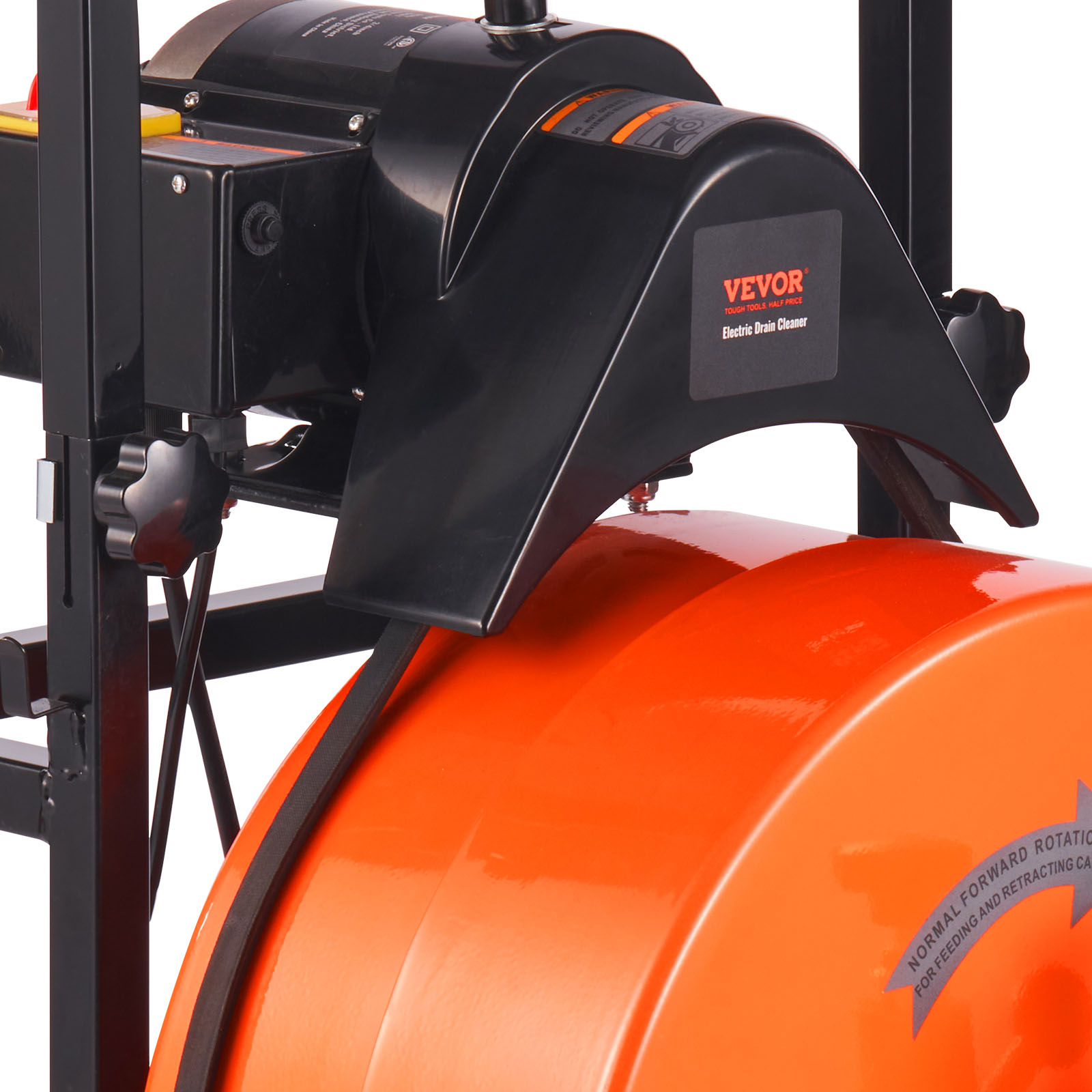 VEVOR drain cleaning machine with black housing and bright orange cable drum.