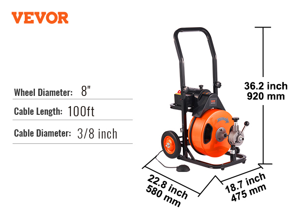 VEVOR drain cleaning machine with 8" wheel diameter, 100ft cable length, and 3/8in cable diameter.